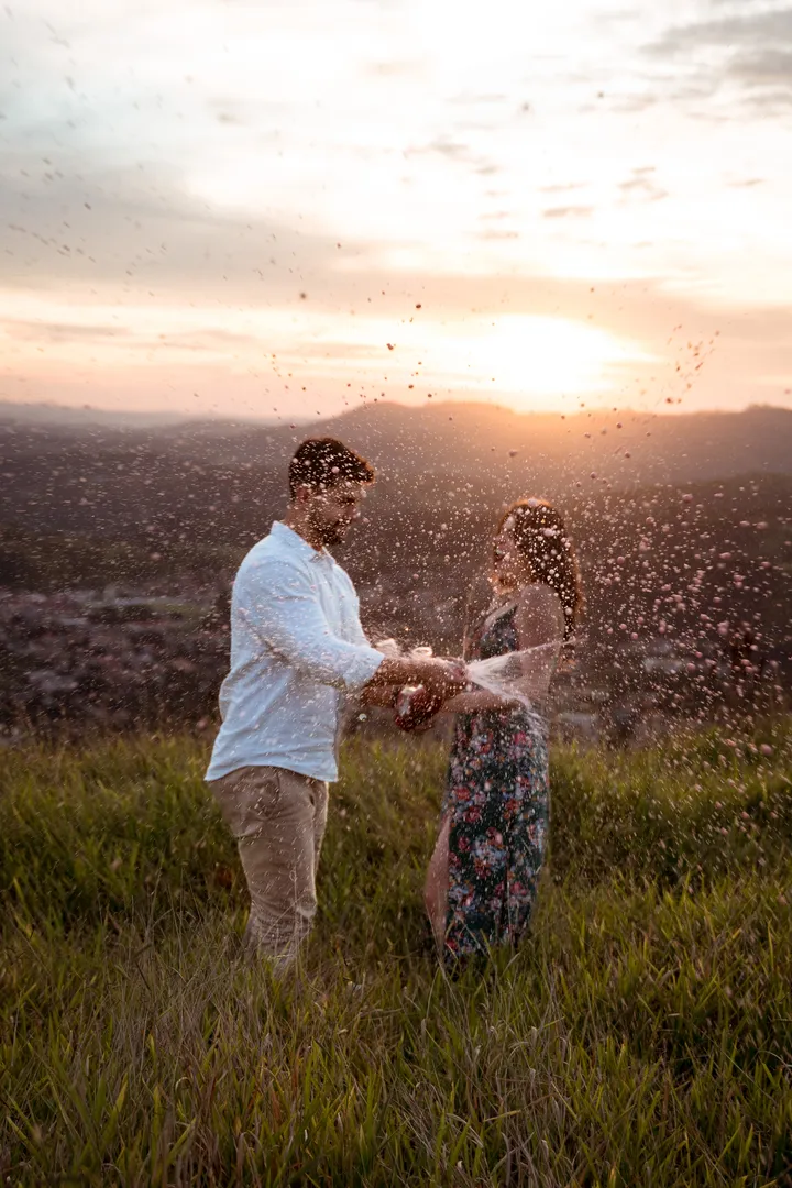 Os dois de mãos dadas no campo, com pétalas voando ao pôr do sol